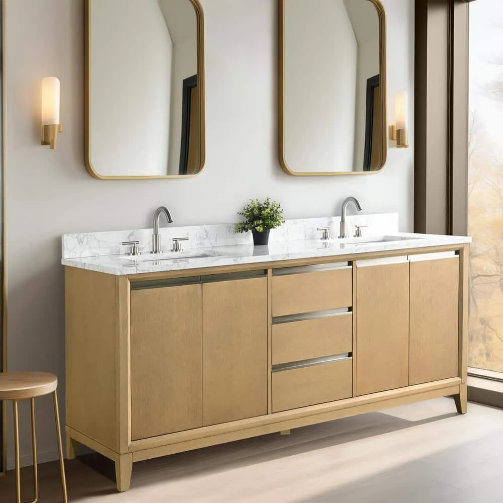 Vanity Art 72 in. W x 22 in. D x 34 in. H Double Sink Bathroom Vanity in Natural Oak with Engineered Marble Top, photo 2 of 12