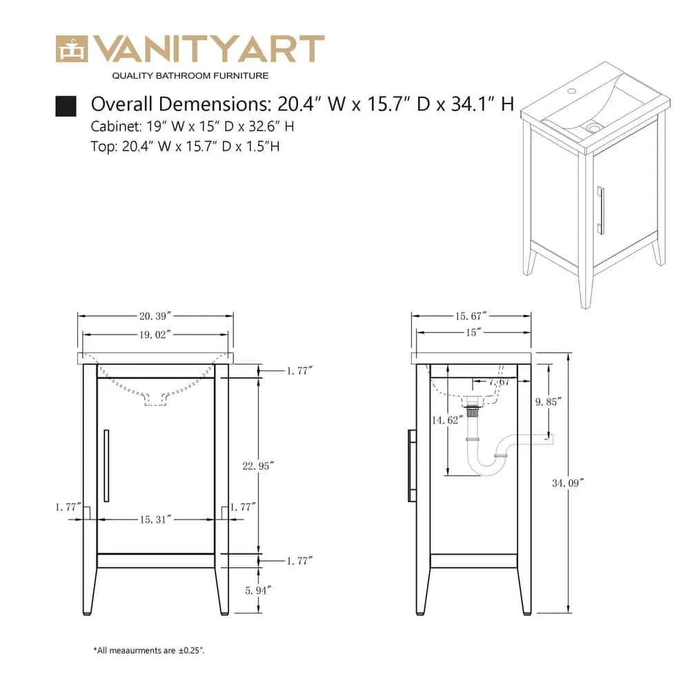 Vanity Art 20 in. W x 15.8 in D x 34 in. H Single Sink Bathroom Vanity Cabinet in Cashmere Gray with Ceramic Top, photo 9 of 10