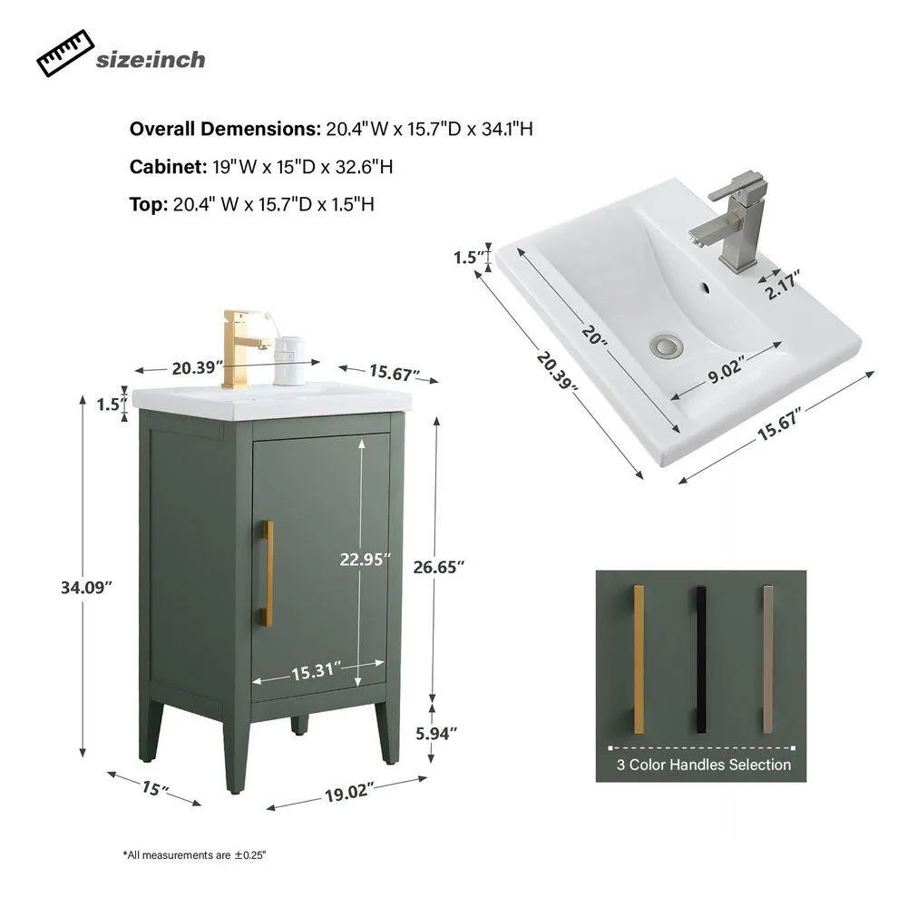 Vanity Art 20 in. W x 15.8 in. D x 34 in. H Single Sink Bathroom Vanity Cabinet in Vintage Green with Ceramic Top, photo 7 of 8