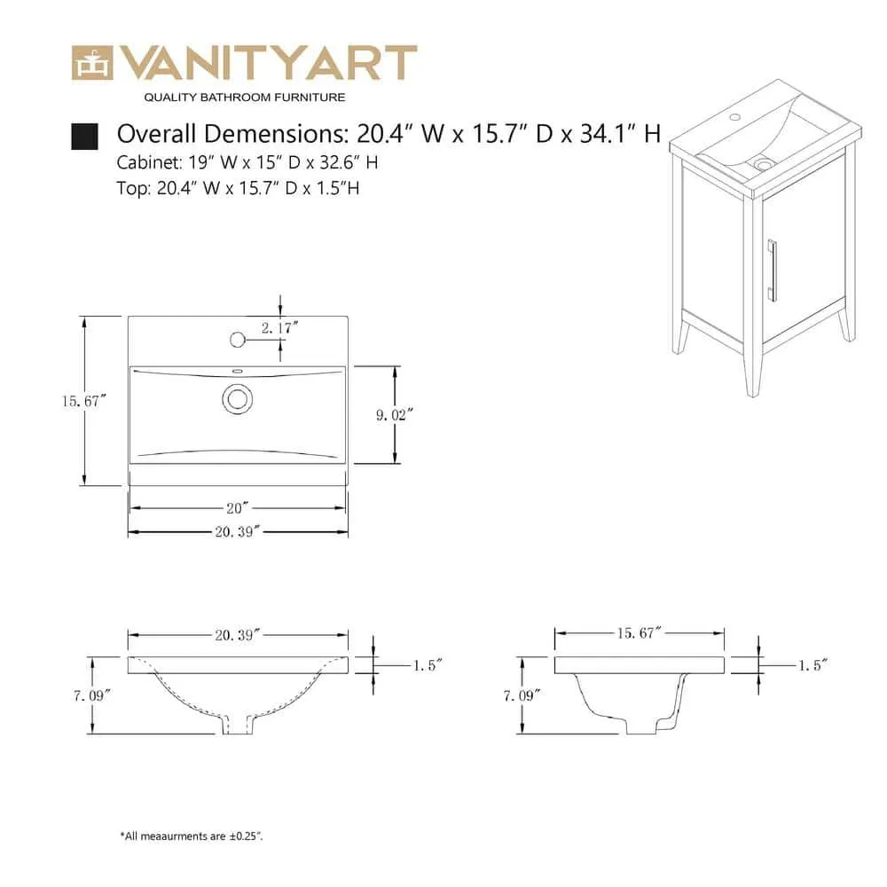 Vanity Art 20 in. W x 15.8 in D x 34 in. H Single Sink Bathroom Vanity Cabinet in Vintage Green with Ceramic Top, photo 9 of 10