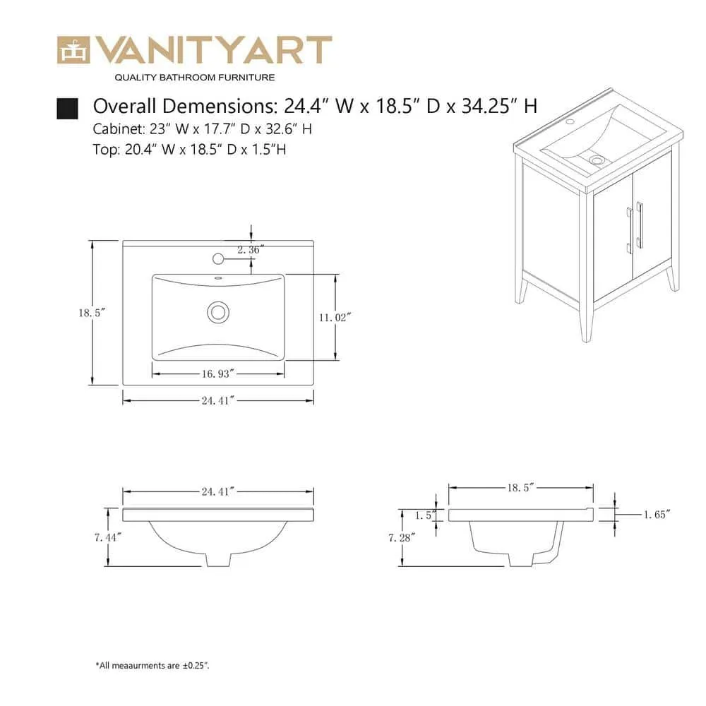 Vanity Art 24 in. W x 18.5 in D x 34 in. H Single Sink Bathroom Vanity Cabinet in Driftwood Gray with Ceramic Top, photo 11 of 12