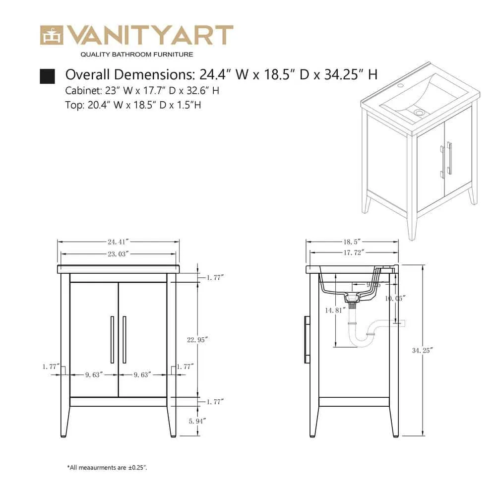 Vanity Art 24 in. W x 18.5 in D x 34 in. H Single Sink Bathroom Vanity Cabinet in Driftwood Gray with Ceramic Top in White, photo 2 of 3