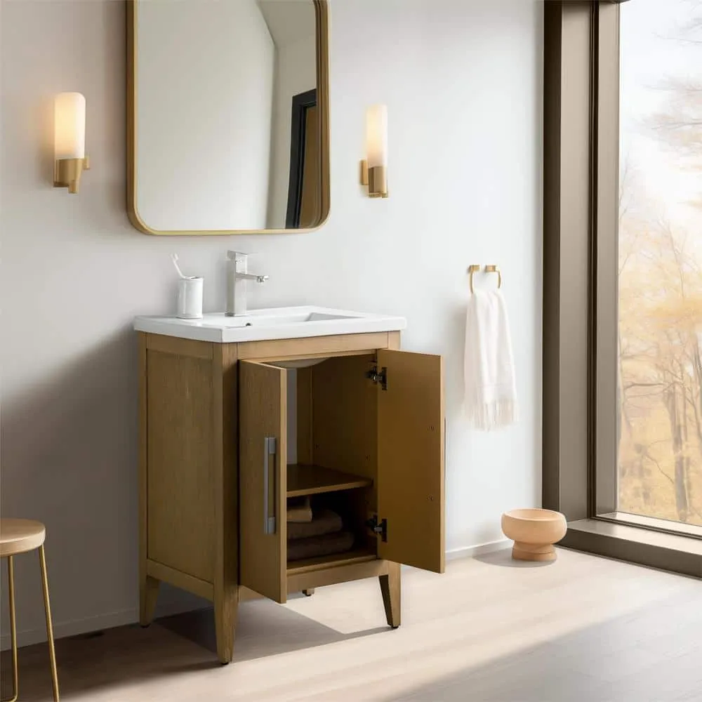 Vanity Art 24 in. W x 18.5 in D x 34 in. H Single Sink Bathroom Vanity Cabinet in Natural Oak with Ceramic Top, photo 5 of 11