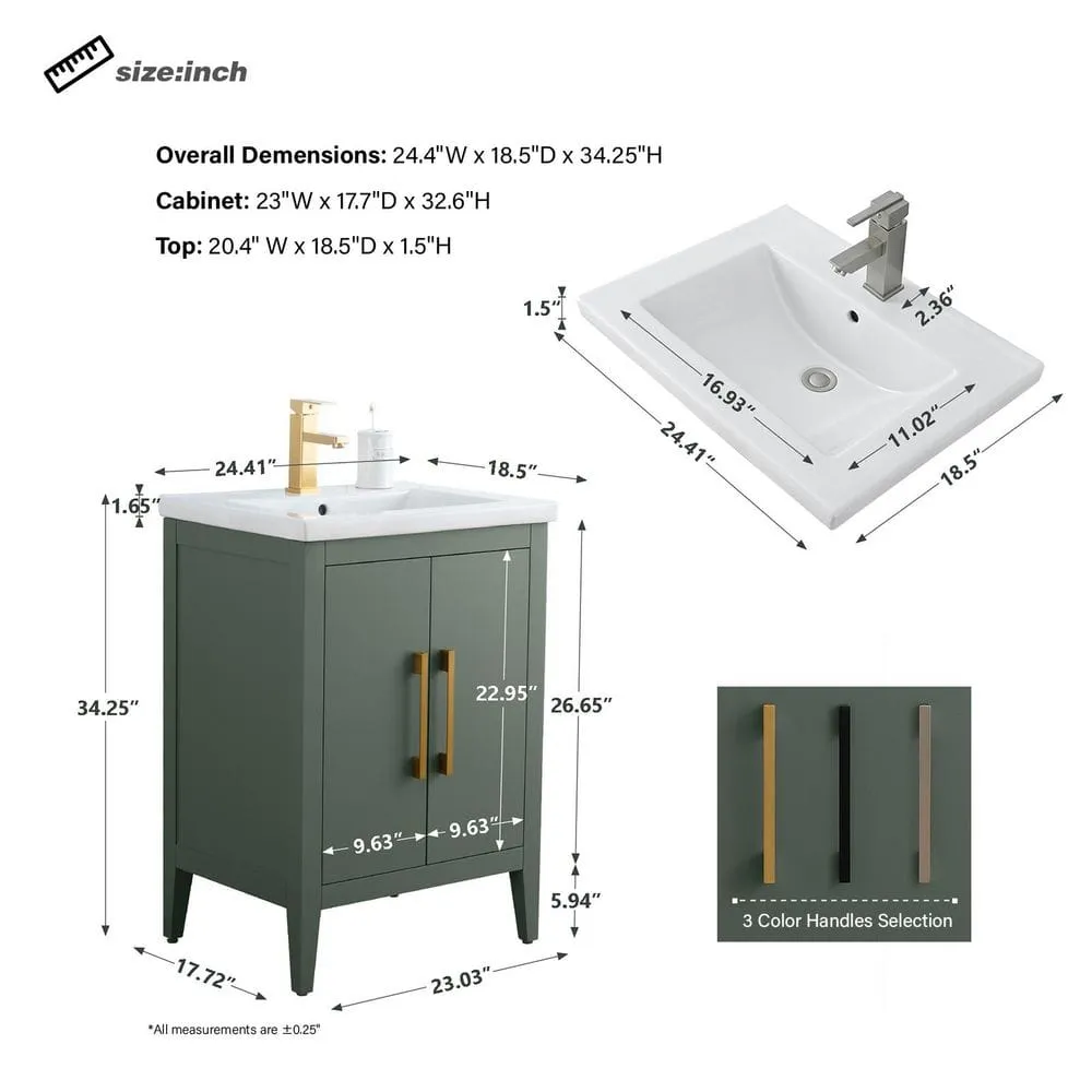 Vanity Art 24 in. W x 18.5 in. D x 34 in. H Single Sink Bathroom Vanity Cabinet in Vintage Green with Ceramic Top, photo 7 of 8
