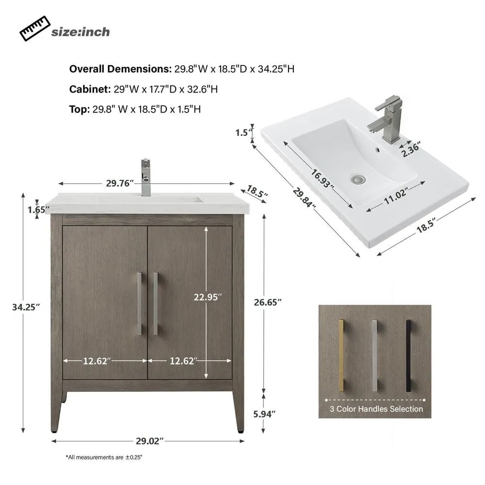 Vanity Art 30 in. W x 18.5 in. D x 34 in. H Single-Sink Bathroom Vanity Cabinet in Driftwood Gray with White Ceramic Top, photo 7 of 8