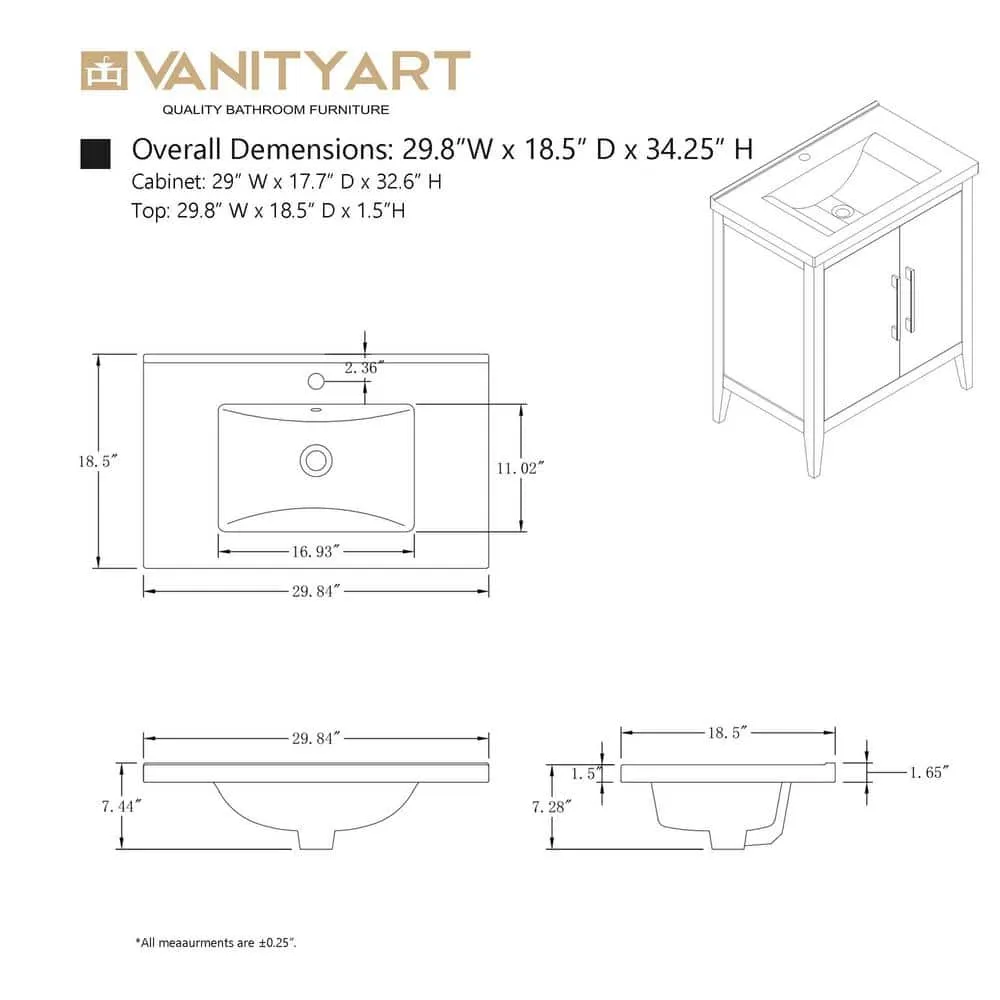 Vanity Art 30 in. W x 18.5 in D x 34 in. H Single Sink Bathroom Vanity Cabinet in Cashmere Gray with Ceramic Top, photo 13 of 14