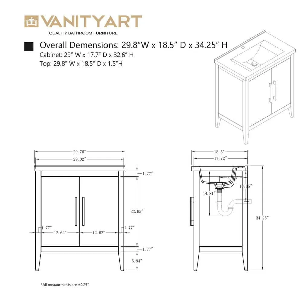 Vanity Art 30 in. W x 18.5 in D x 34 in. H Single Sink Bathroom Vanity Cabinet in Cashmere Gray with Ceramic Top, photo 12 of 14