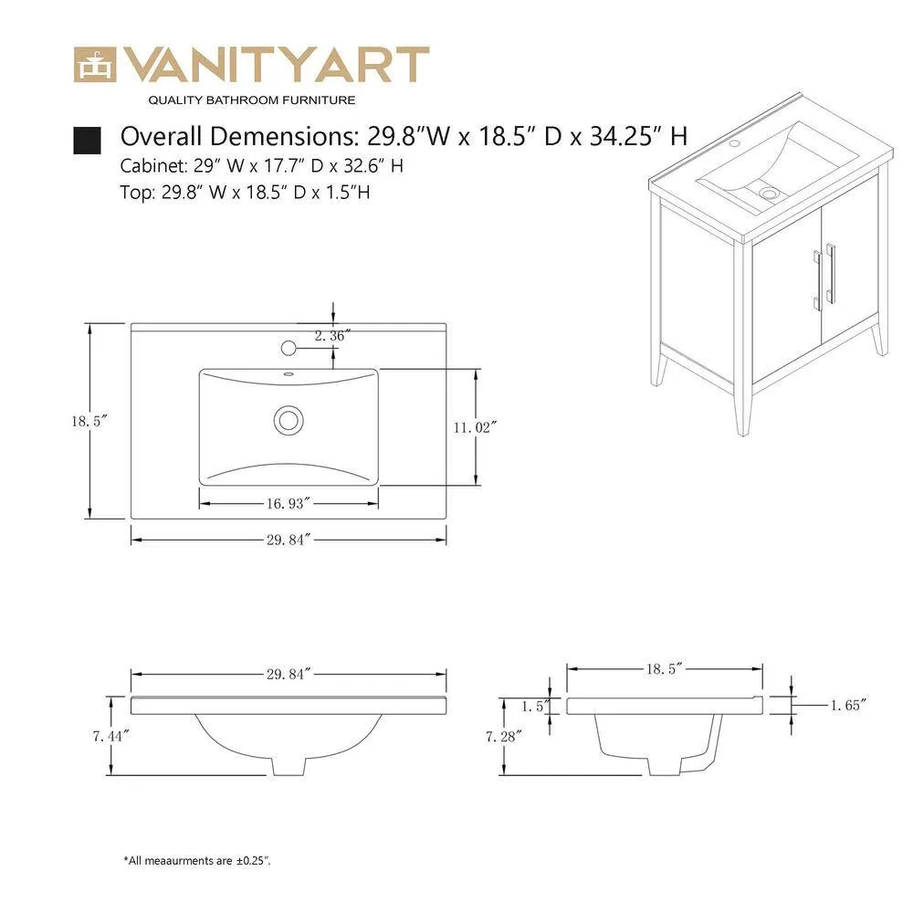 Vanity Art 30 in. W x 18.5 in D x 34 in. H Single Sink Bathroom Vanity Cabinet in Natural Oak with Ceramic Top, photo 12 of 13
