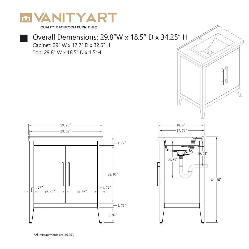 Vanity Art 30 in. W x 18.5 in D x 34 in. H Single Sink Bathroom Vanity Cabinet in Natural Oak with Ceramic Top, photo 11 of 13