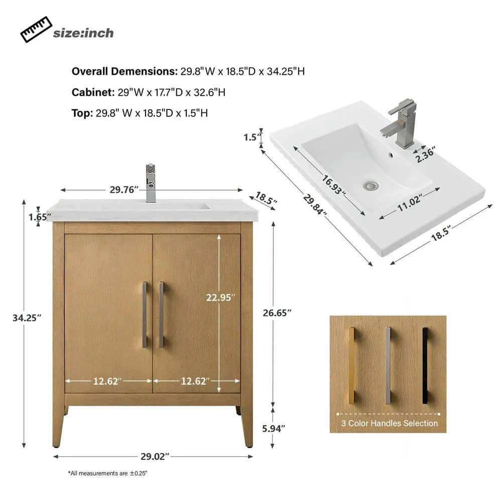 Vanity Art 30 in. W x 18.5 in. D x 34 in. H Single-Sink Bathroom Vanity Cabinet in Natural Oak with White Ceramic Top, photo 7 of 8
