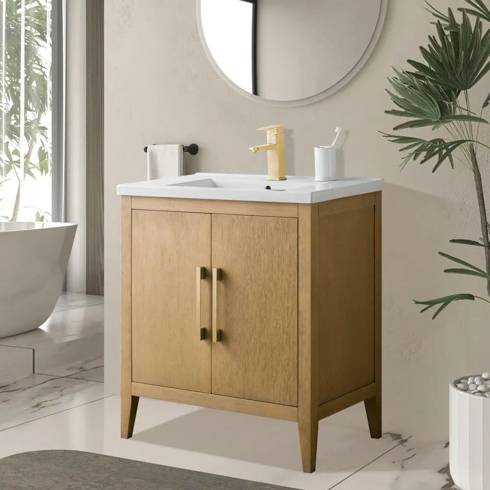 Vanity Art 30 in. W x 18.5 in. D x 34 in. H Single-Sink Bathroom Vanity Cabinet in Natural Oak with White Ceramic Top, photo 2 of 8