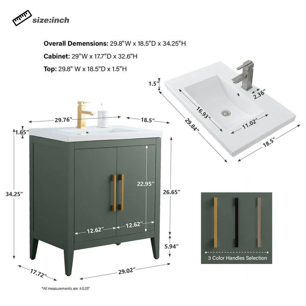 Vanity Art 30 in. W x 18.5 in. D x 34 in. H Single Sink Bathroom Vanity Cabinet in Vintage Green with Ceramic Top, photo 6 of 8