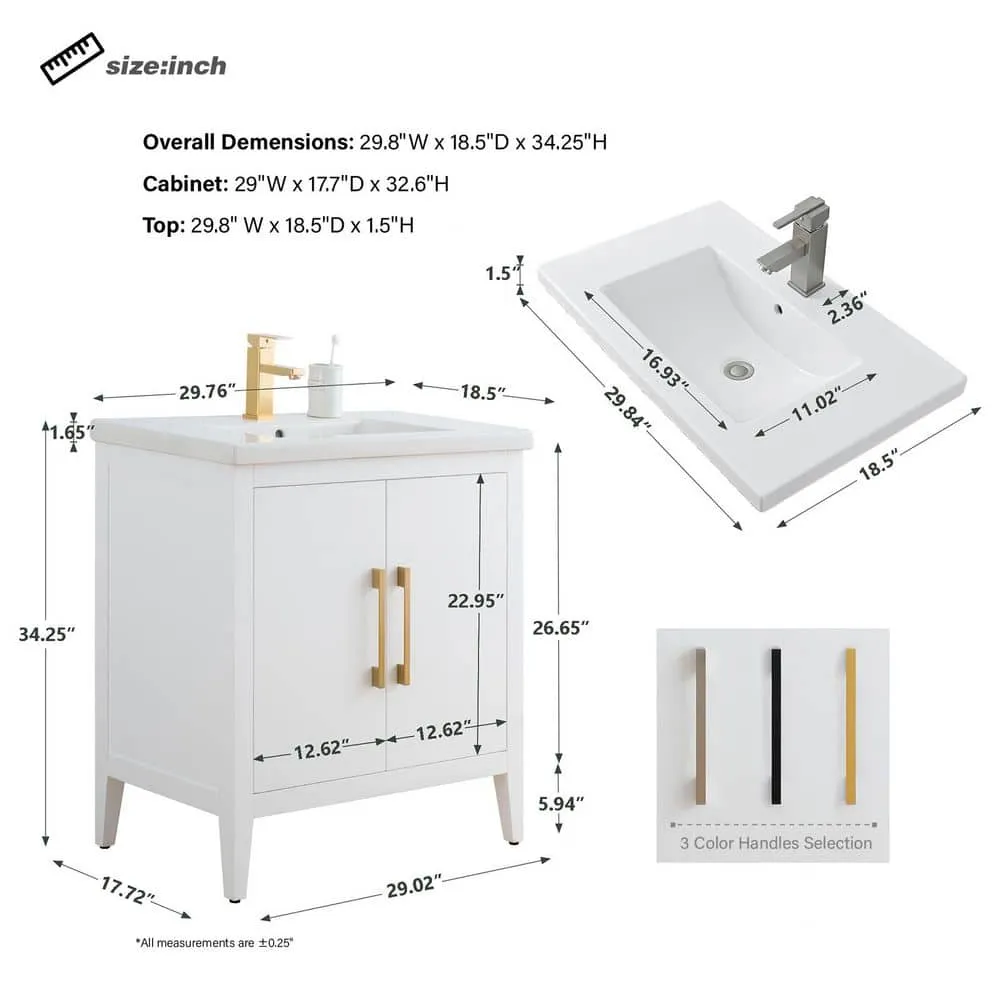 Vanity Art 30 in. W x 18.5 in. D x 34 in. H Single Sink Bathroom Vanity Cabinet in White with Ceramic Top, photo 6 of 8