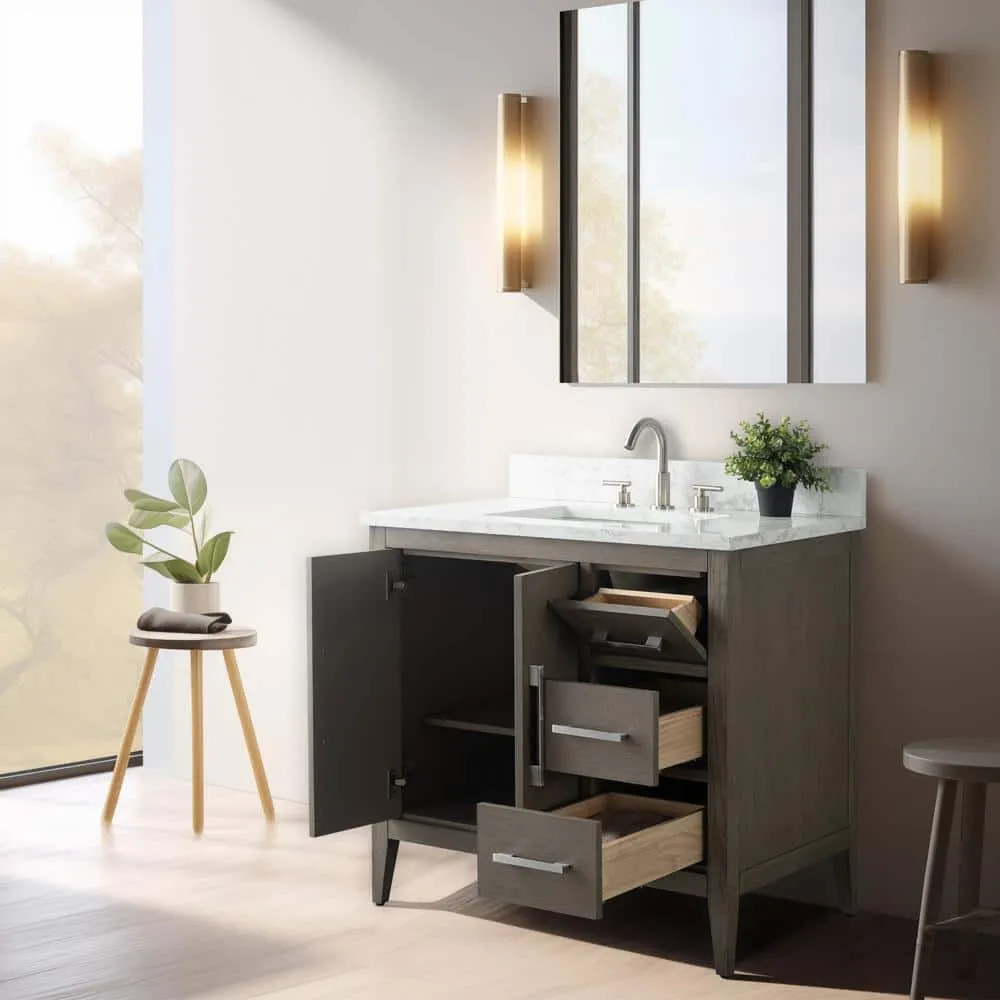 Vanity Art 36 in. W x 22 in. D x 34 in. H Single Sink Bathroom Vanity Cabinet in Driftwood Gray with Engineered Marble Top, photo 3 of 14