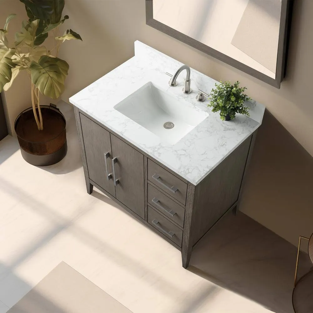 Vanity Art 36 in. W x 22 in. D x 34 in. H Single Sink Bathroom Vanity Cabinet in Driftwood Gray with Engineered Marble Top, photo 9 of 14