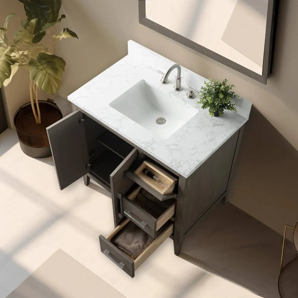Vanity Art 36 in. W x 22 in. D x 34 in. H Single Sink Bathroom Vanity Cabinet in Driftwood Gray with Engineered Marble Top, photo 7 of 14