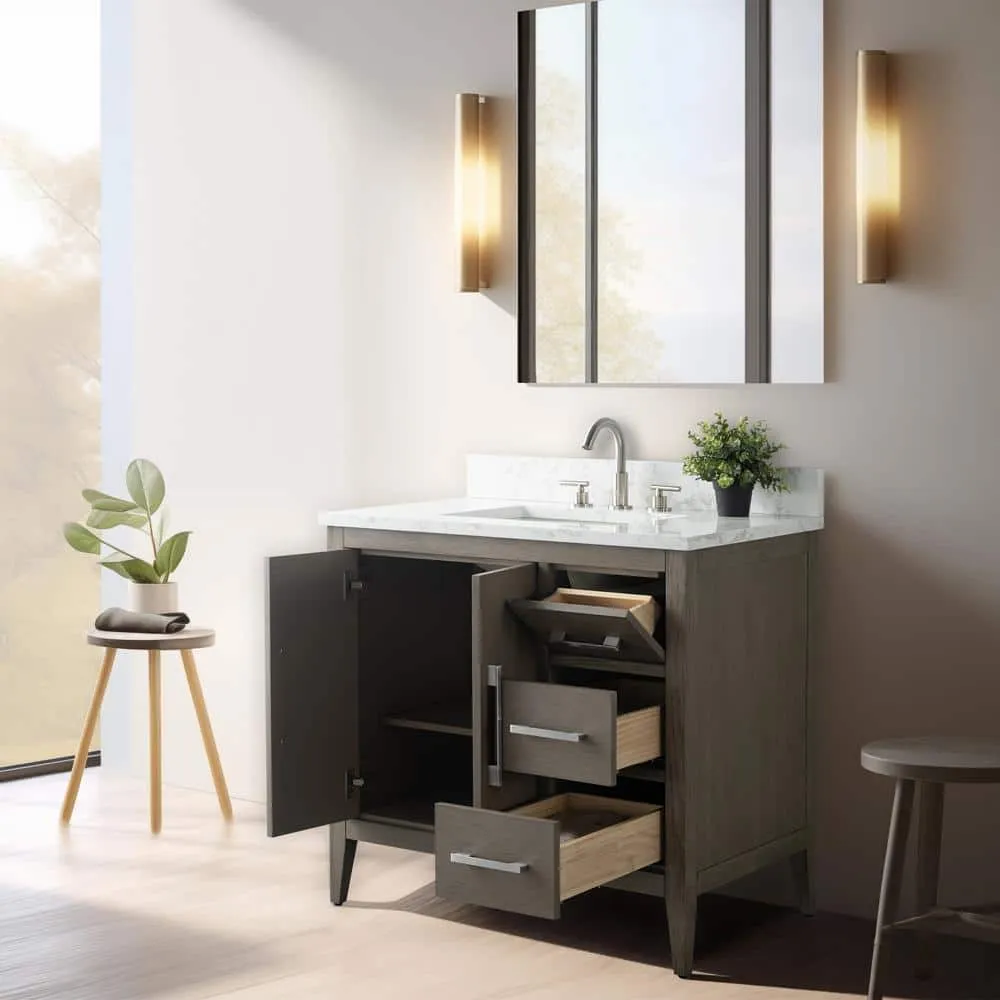 Vanity Art 36 in. W x 22 in. D x 34 in. H Single Sink Bathroom Vanity Cabinet in Driftwood Gray with Engineered Marble Top, photo 8 of 14