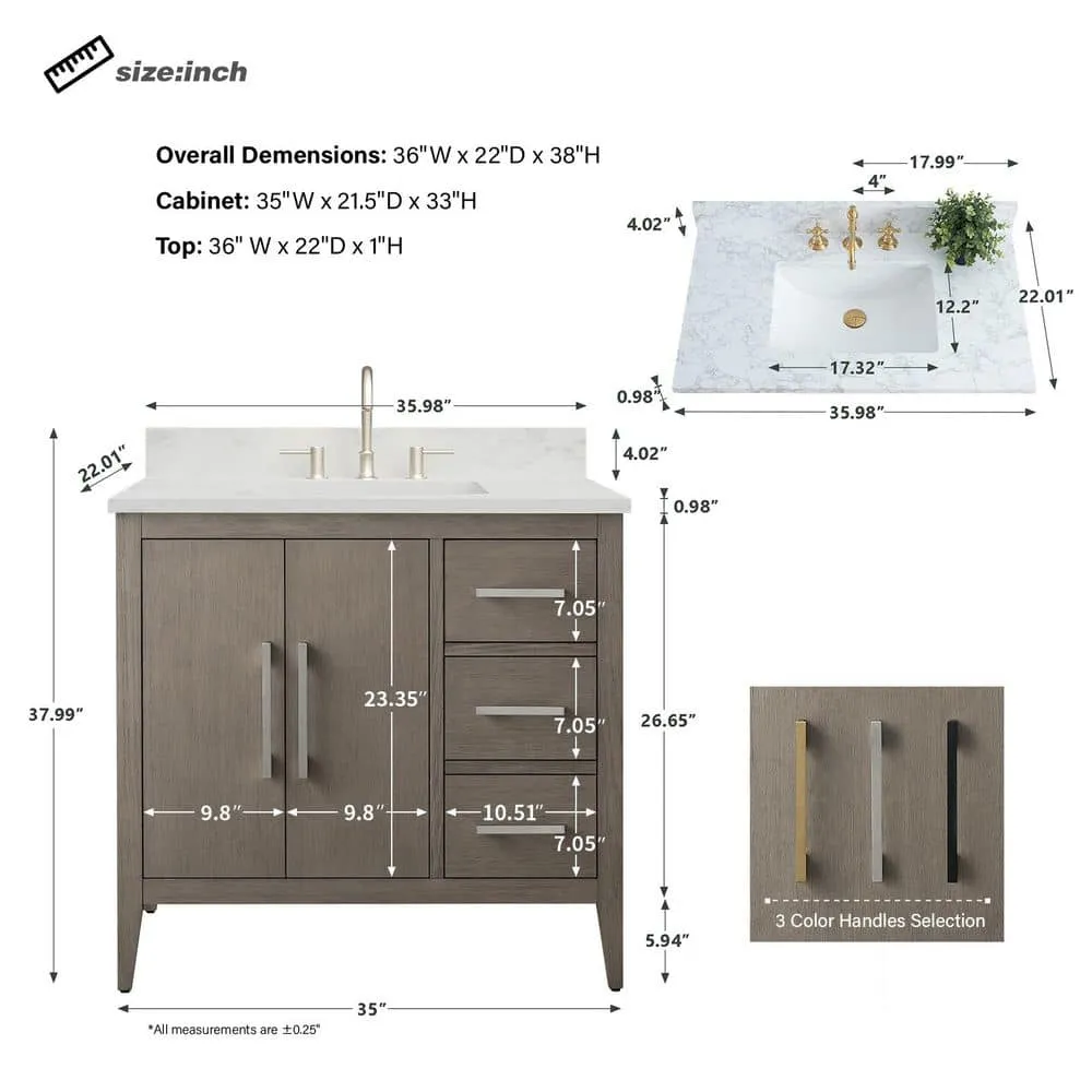 Vanity Art 36 in. W x 22 in. D x 34 in. H Single-Sink Bath Vanity in Driftwood Gray with Engineered Marble Top in Arabescato White, photo 7 of 9