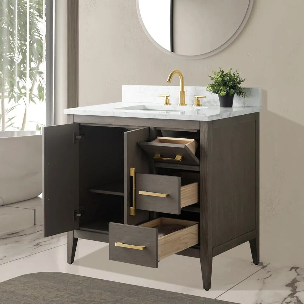 Vanity Art 36 in. W x 22 in. D x 34 in. H Single-Sink Bath Vanity in Driftwood Gray with Engineered Marble Top in Arabescato White, photo 4 of 9