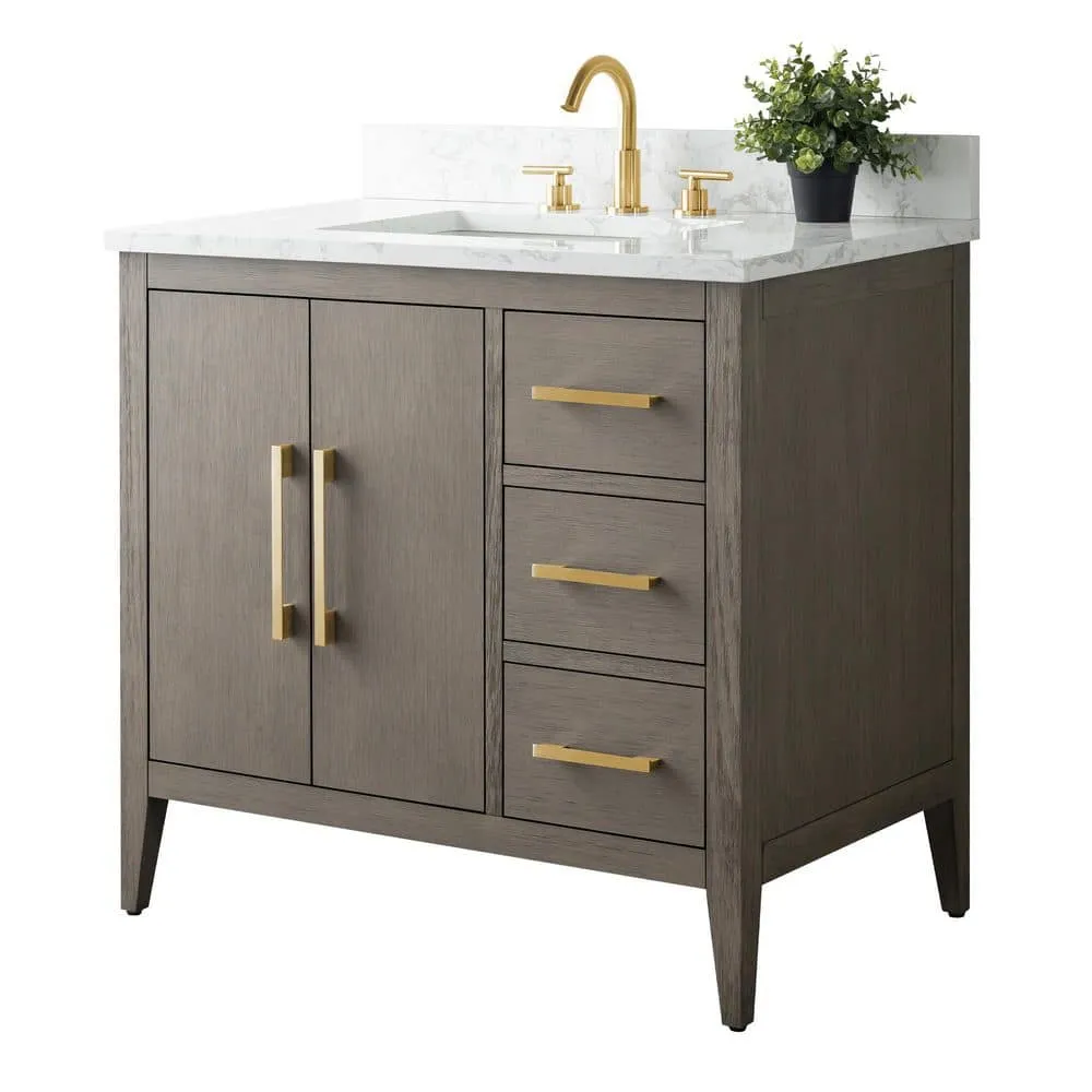 Vanity Art 36 in. W x 22 in. D x 34 in. H Single-Sink Bath Vanity in Driftwood Gray with Engineered Marble Top in Arabescato White, photo 6 of 9