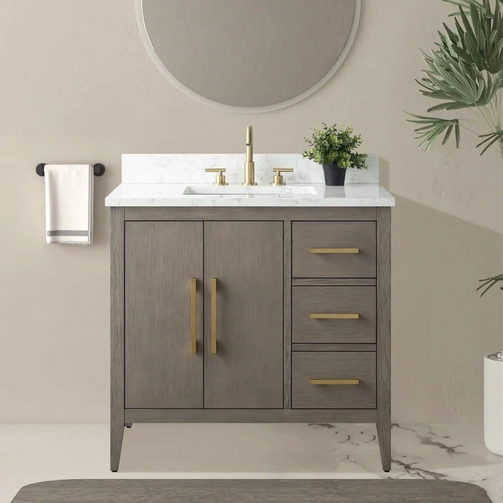 Vanity Art 36 in. W x 22 in. D x 34 in. H Single-Sink Bath Vanity in Driftwood Gray with Engineered Marble Top in Arabescato White, photo 2 of 9