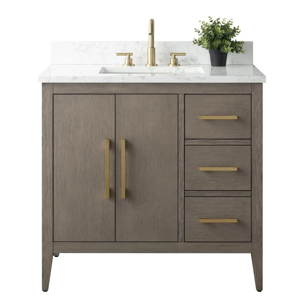 Vanity Art 36 in. W x 22 in. D x 34 in. H Single-Sink Bath Vanity in Driftwood Gray with Engineered Marble Top in Arabescato White, photo 5 of 9