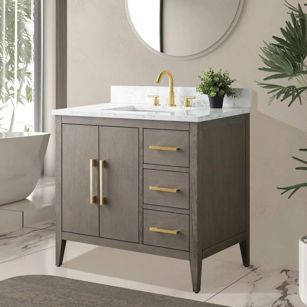 Vanity Art 36 in. W x 22 in. D x 34 in. H Single-Sink Bath Vanity in Driftwood Gray with Engineered Marble Top in Arabescato White, photo 3 of 9