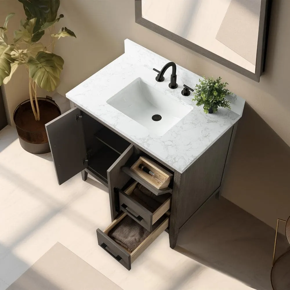 Vanity Art 36 in. W x 22 in. D x 34 in. H Single-Sink Bath Vanity in Driftwood Gray with Engineered Marble Top in Arabescato White, photo 10 of 14
