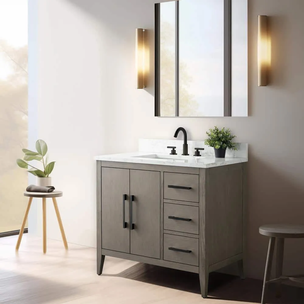 Vanity Art 36 in. W x 22 in. D x 34 in. H Single-Sink Bath Vanity in Driftwood Gray with Engineered Marble Top in Arabescato White, photo 14 of 14
