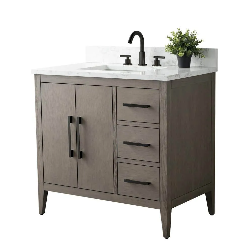 Vanity Art 36 in. W x 22 in. D x 34 in. H Single-Sink Bath Vanity in Driftwood Gray with Engineered Marble Top in Arabescato White, photo 9 of 14