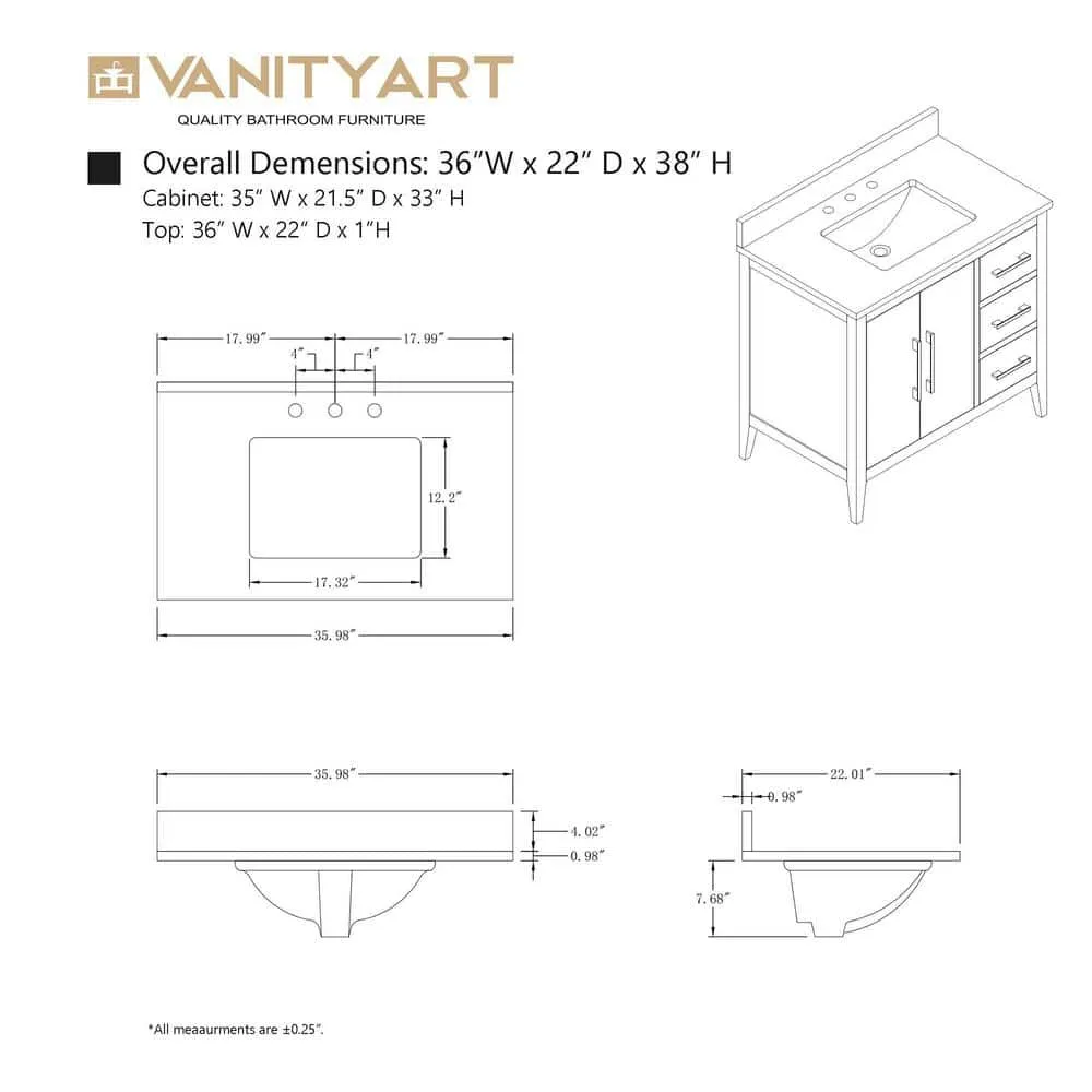 Vanity Art 36 in. W x 22 in. D x 34 in. H Single-Sink Bath Vanity in Driftwood Gray with Engineered Marble Top in Arabescato White, photo 13 of 14