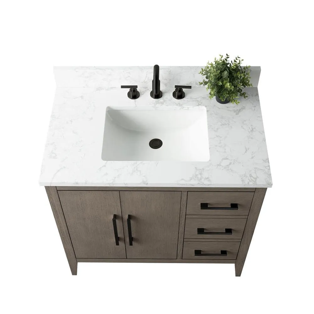 Vanity Art 36 in. W x 22 in. D x 34 in. H Single-Sink Bath Vanity in Driftwood Gray with Engineered Marble Top in Arabescato White, photo 4 of 14