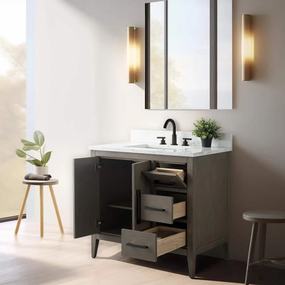 Vanity Art 36 in. W x 22 in. D x 34 in. H Single-Sink Bath Vanity in Driftwood Gray with Engineered Marble Top in Arabescato White, photo 8 of 14