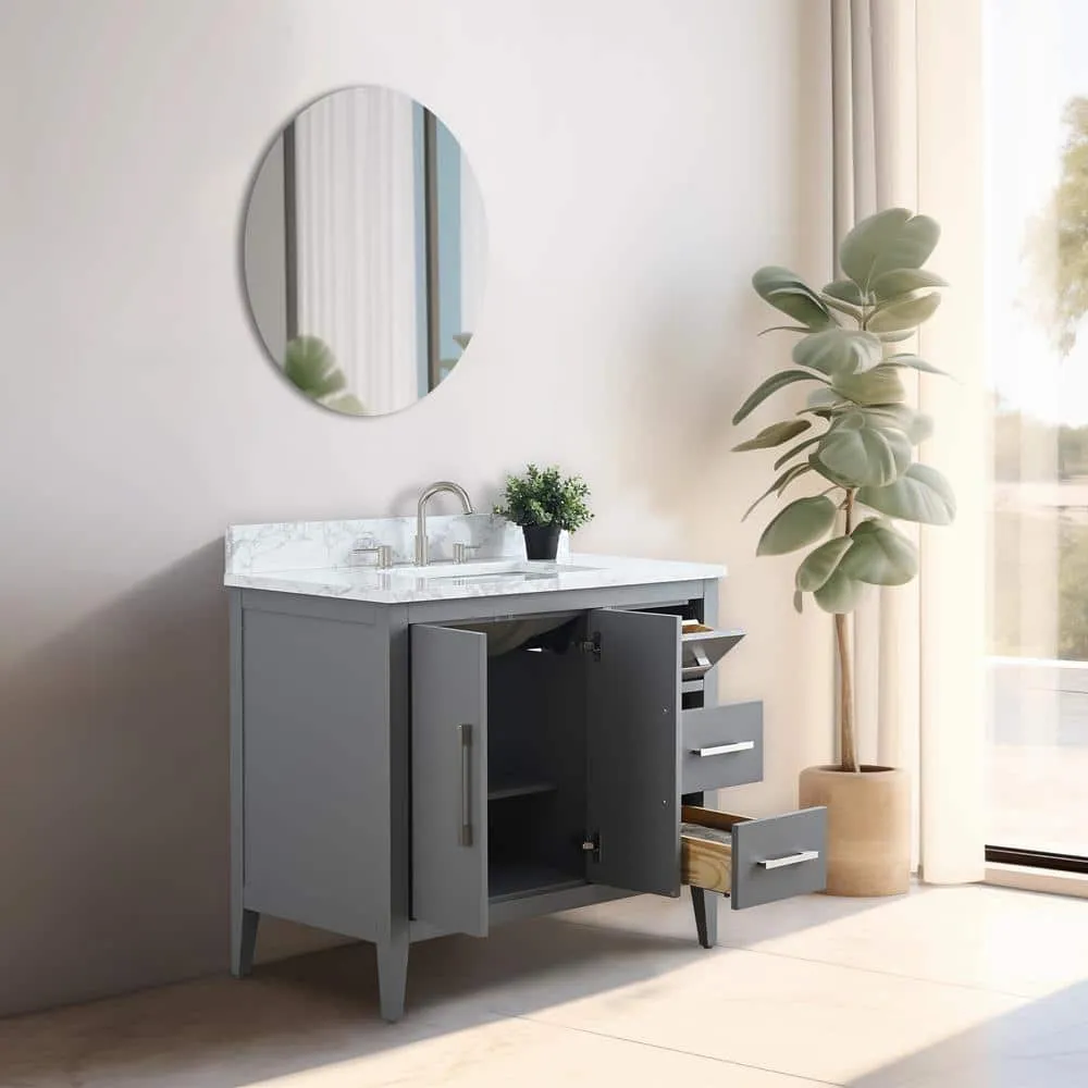 Vanity Art 36 in. W x 22 in. D x 34 in. H Single Sink Bathroom Vanity Cabinet in Cashmere Gray with Engineered Marble Top in White, photo 8 of 14