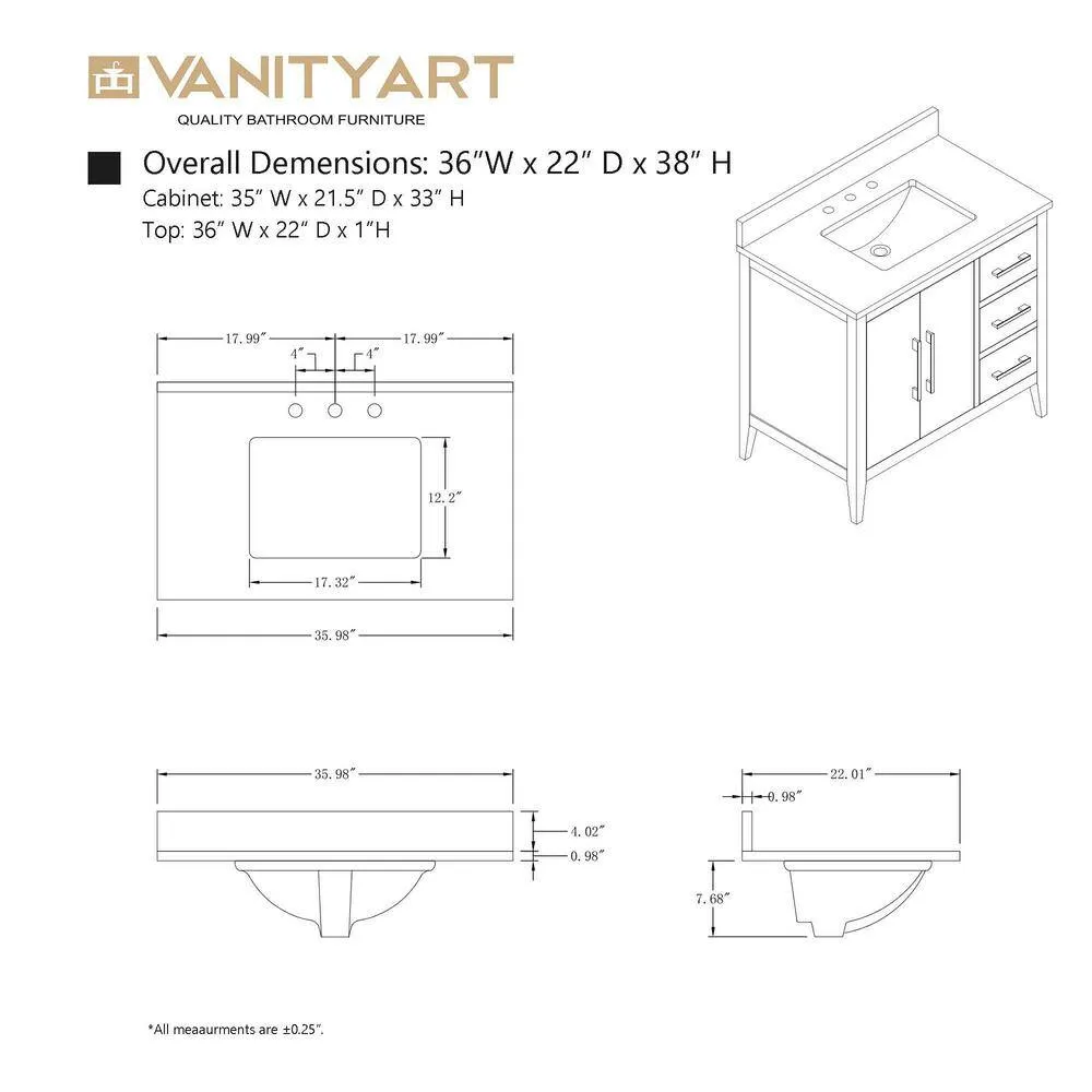 Vanity Art 36 in. W x 22 in. D x 34 in. H Single Sink Bathroom Vanity Cabinet in Cashmere Gray with Engineered Marble Top, photo 13 of 14