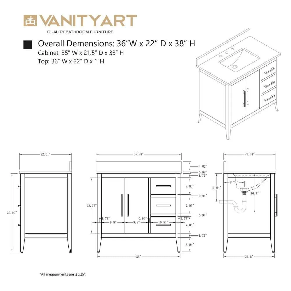 Vanity Art 36 in. W x 22 in. D x 34 in. H Single Sink Bathroom Vanity Cabinet in Cashmere Gray with Engineered Marble Top, photo 12 of 14