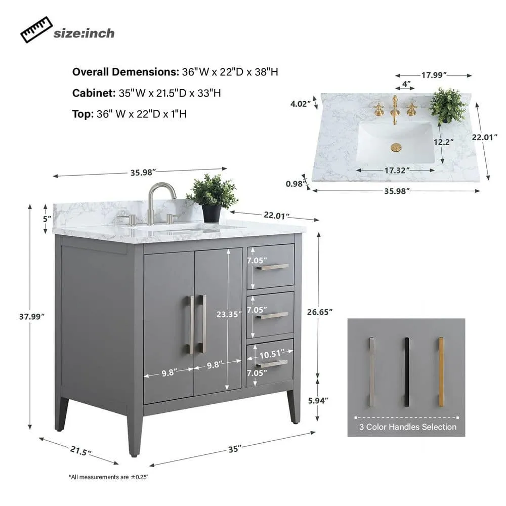Vanity Art 36 in. W x 22 in. D x 34 in. H Single Sink Bathroom Vanity Cabinet in Cashmere Gray with Engineered Marble Top, photo 7 of 9