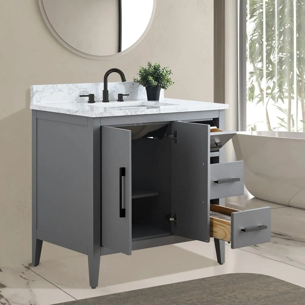 Vanity Art 36 in. W x 22 in. D x 34 in. H Single Sink Bathroom Vanity Cabinet in Cashmere Gray with Engineered Marble Top, photo 4 of 9