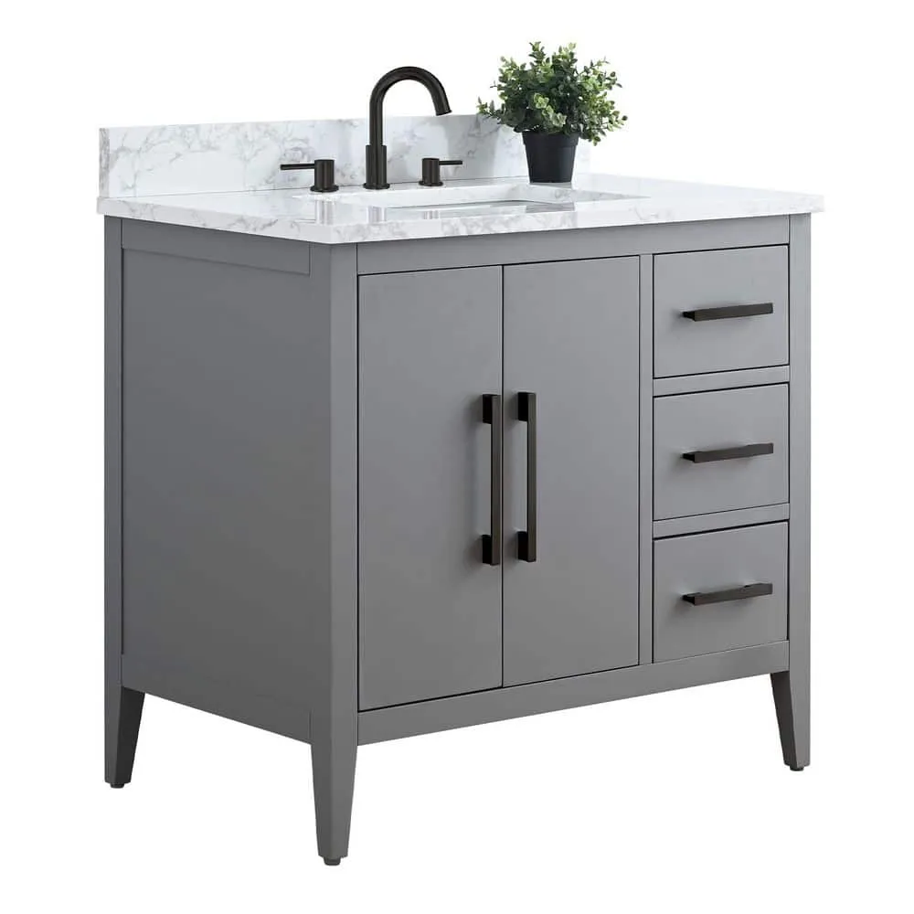 Vanity Art 36 in. W x 22 in. D x 34 in. H Single Sink Bathroom Vanity Cabinet in Cashmere Gray with Engineered Marble Top, photo 6 of 9