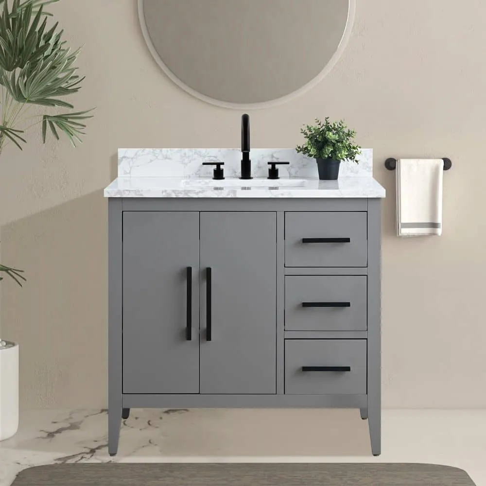Vanity Art 36 in. W x 22 in. D x 34 in. H Single Sink Bathroom Vanity Cabinet in Cashmere Gray with Engineered Marble Top, photo 2 of 9