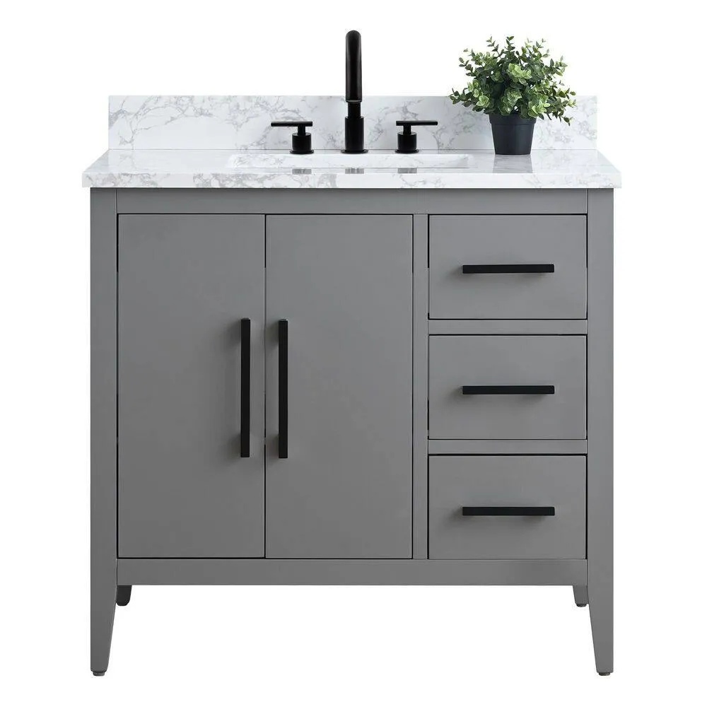 Vanity Art 36 in. W x 22 in. D x 34 in. H Single Sink Bathroom Vanity Cabinet in Cashmere Gray with Engineered Marble Top, photo 5 of 9