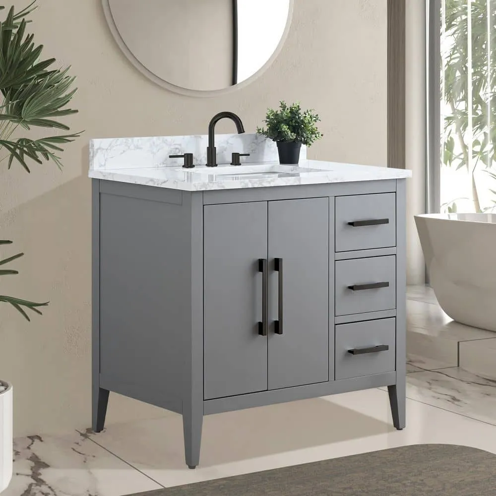 Vanity Art 36 in. W x 22 in. D x 34 in. H Single Sink Bathroom Vanity Cabinet in Cashmere Gray with Engineered Marble Top, photo 3 of 9