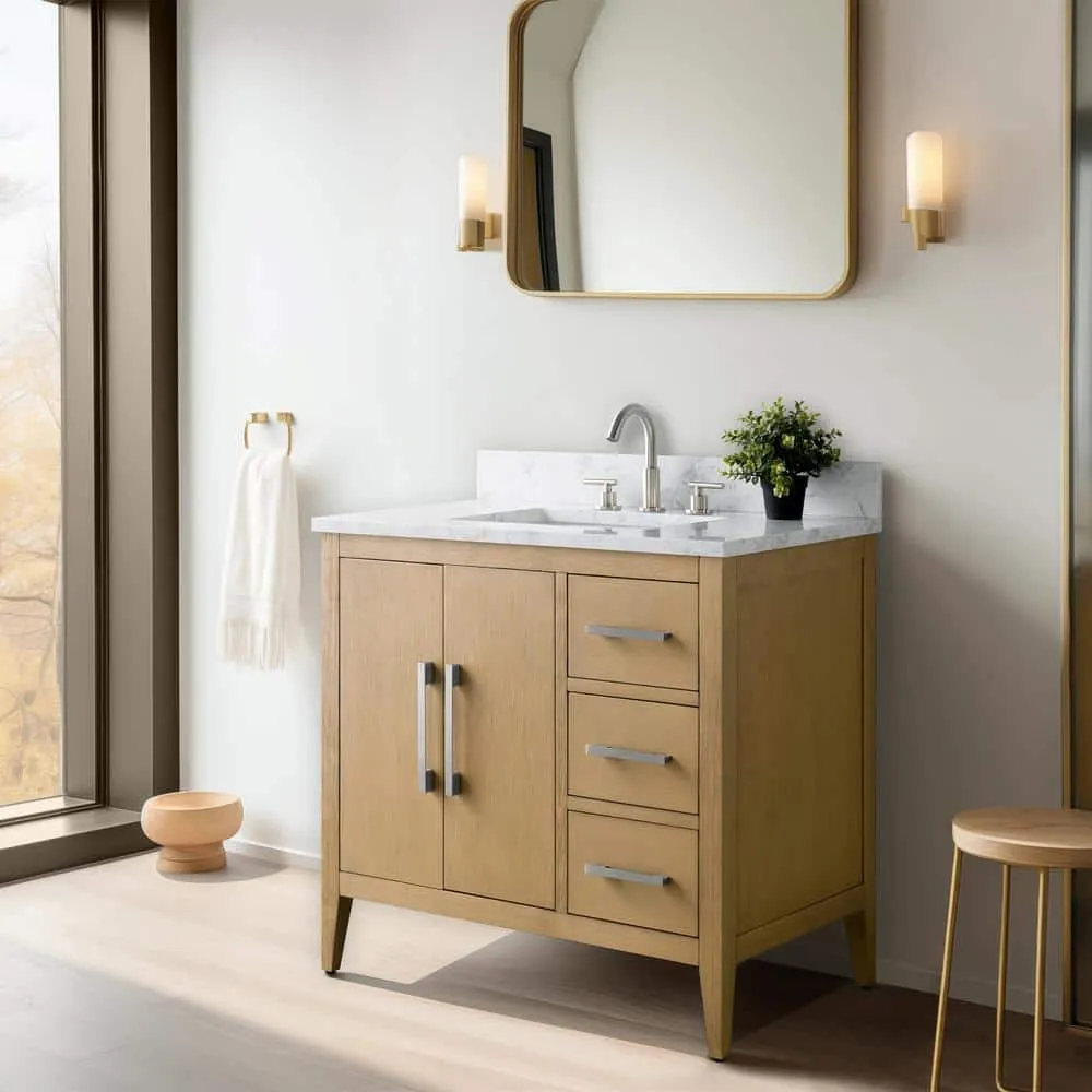 Vanity Art 36 in. W. x 22 in. D x 34 in. H Single Sink Bathroom Vanity Cabinet in Natural Oak with Engineered Marble Top in White, photo 14 of 14