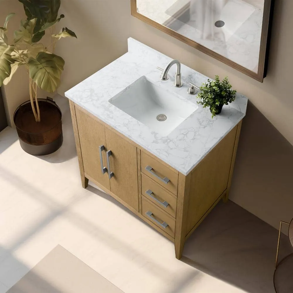 Vanity Art 36 in. W. x 22 in. D x 34 in. H Single Sink Bathroom Vanity Cabinet in Natural Oak with Engineered Marble Top in White, photo 9 of 14