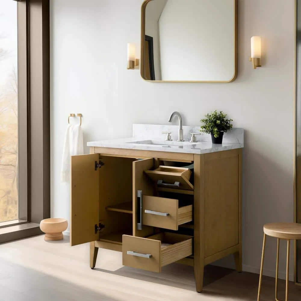 Vanity Art 36 in. W. x 22 in. D x 34 in. H Single Sink Bathroom Vanity Cabinet in Natural Oak with Engineered Marble Top in White, photo 8 of 14