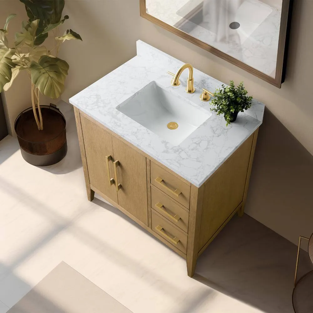 Vanity Art 36 in. W x 22 in. D x 34 in. H Single-Sink Bathroom Vanity in Natural Oak with Engineered Marble Top in Arabescato White, photo 10 of 14