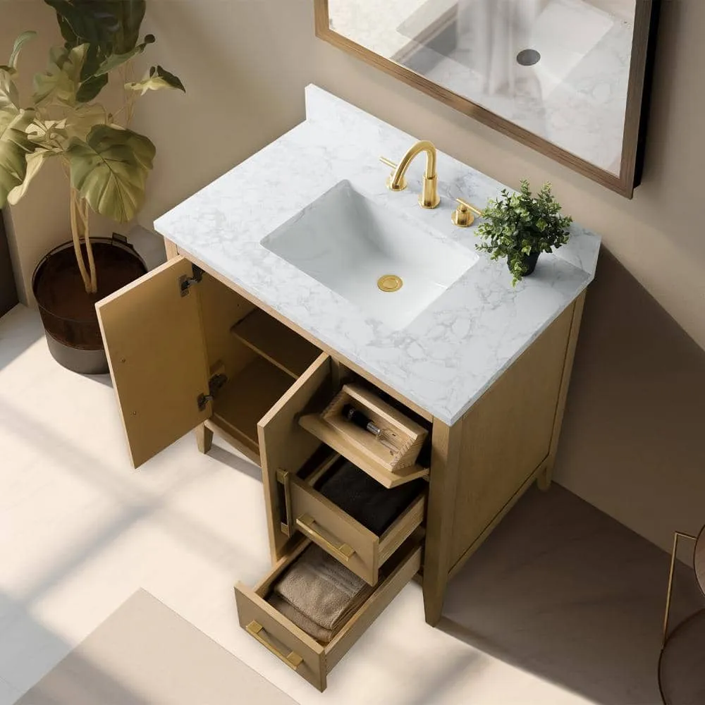 Vanity Art 36 in. W x 22 in. D x 34 in. H Single-Sink Bathroom Vanity in Natural Oak with Engineered Marble Top in Arabescato White, photo 7 of 14
