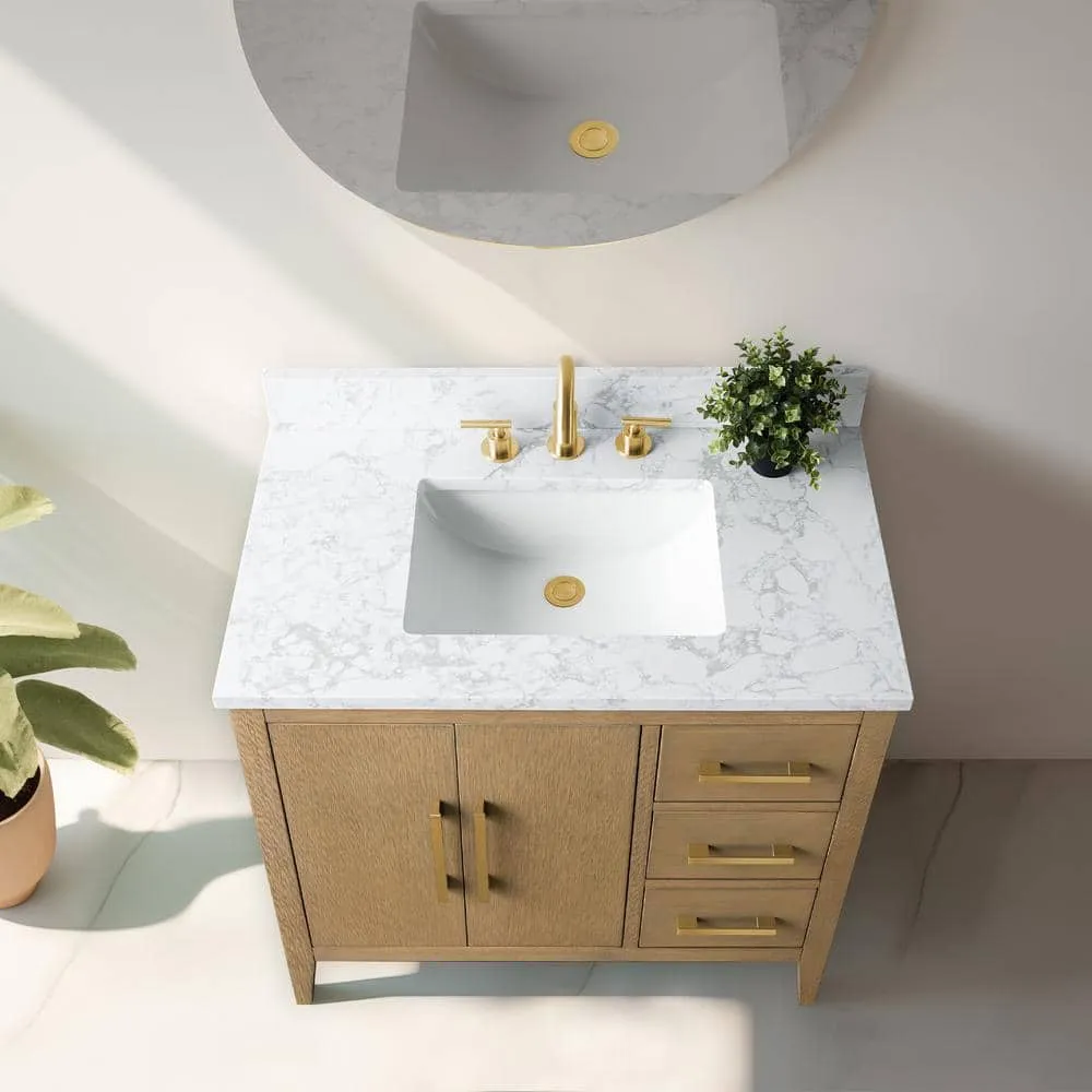 Vanity Art 36 in. W x 22 in. D x 34 in. H Single-Sink Bathroom Vanity in Natural Oak with Engineered Marble Top in Arabescato White, photo 4 of 14