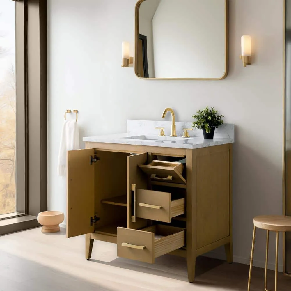 Vanity Art 36 in. W x 22 in. D x 34 in. H Single-Sink Bathroom Vanity in Natural Oak with Engineered Marble Top in Arabescato White, photo 8 of 14