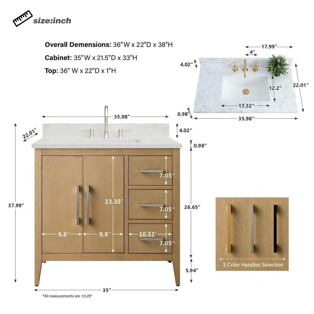 Vanity Art 36 in. W x 22 in. D x 34 in. H Single-Sink Bathroom Vanity in Natural Oak with Engineered Marble Top in Arabescato White, photo 8 of 9